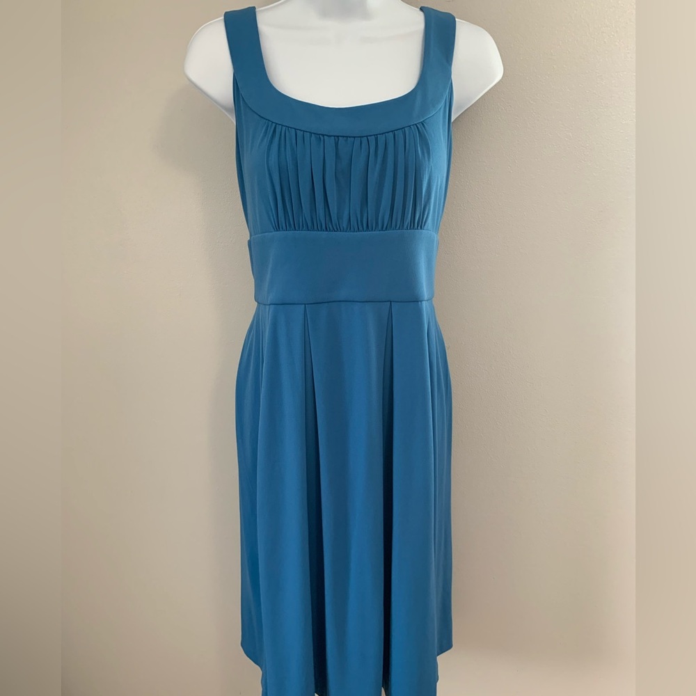 Donna Ricco Blue Square Neck Pleated Midi Dress
